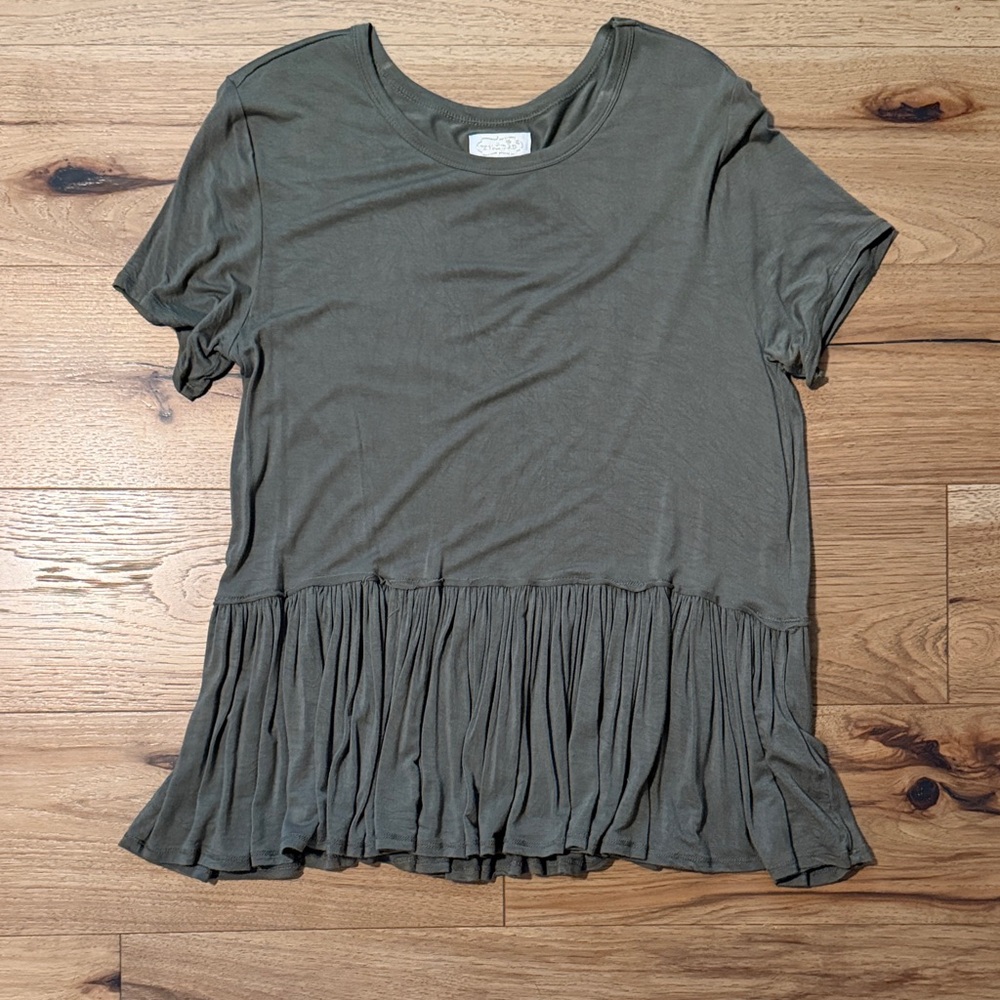 Mud Pie Olive Green Short Sleeve Ruffle-Hem Tunic